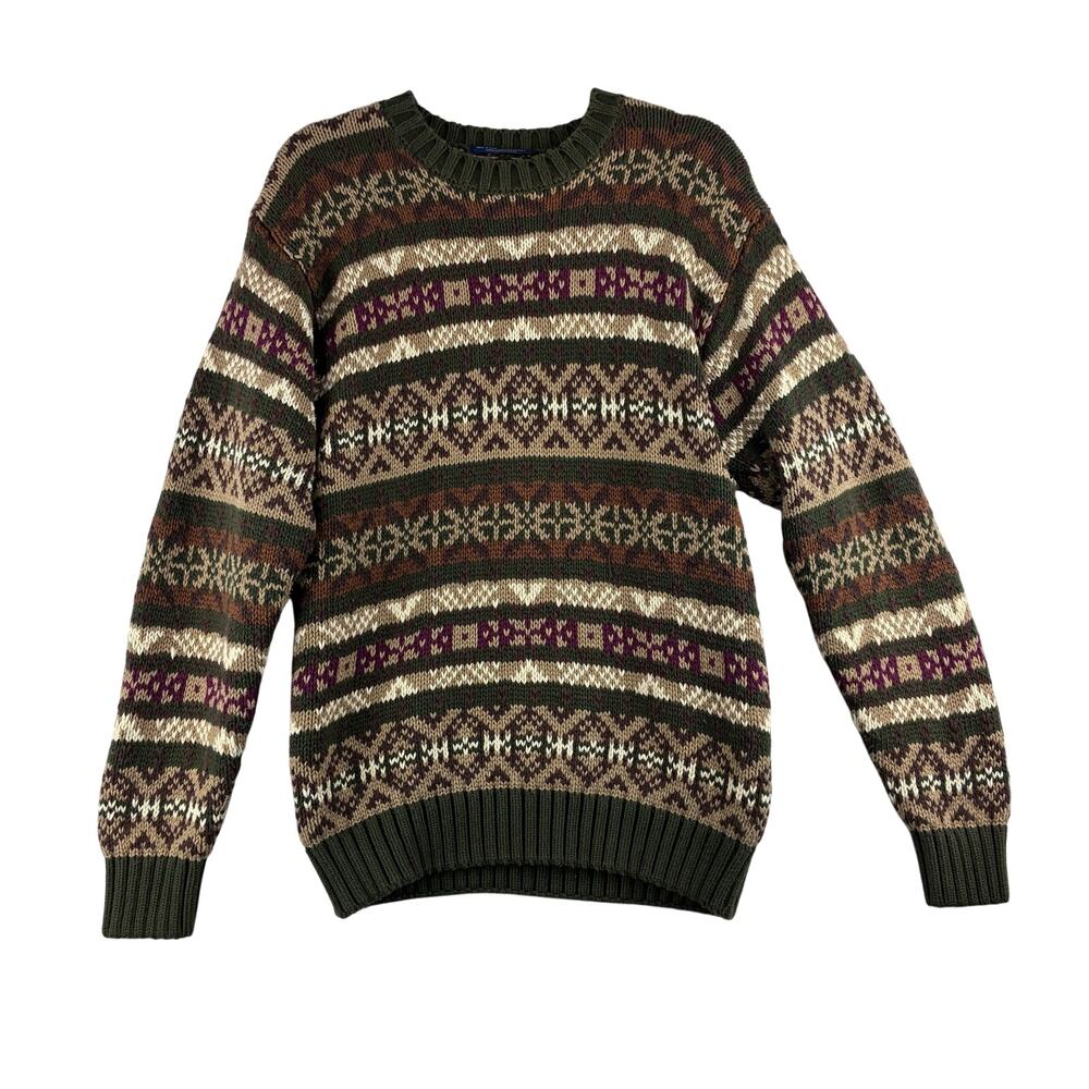 Vintage Tommy Hilfiger Fair Isle Cotton Knit Sweater Men's Medium Brwn Grn THICK